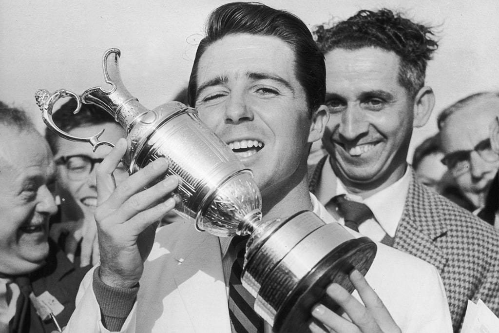 Gary Player celebrates winning The Open at Muirfield in 1959